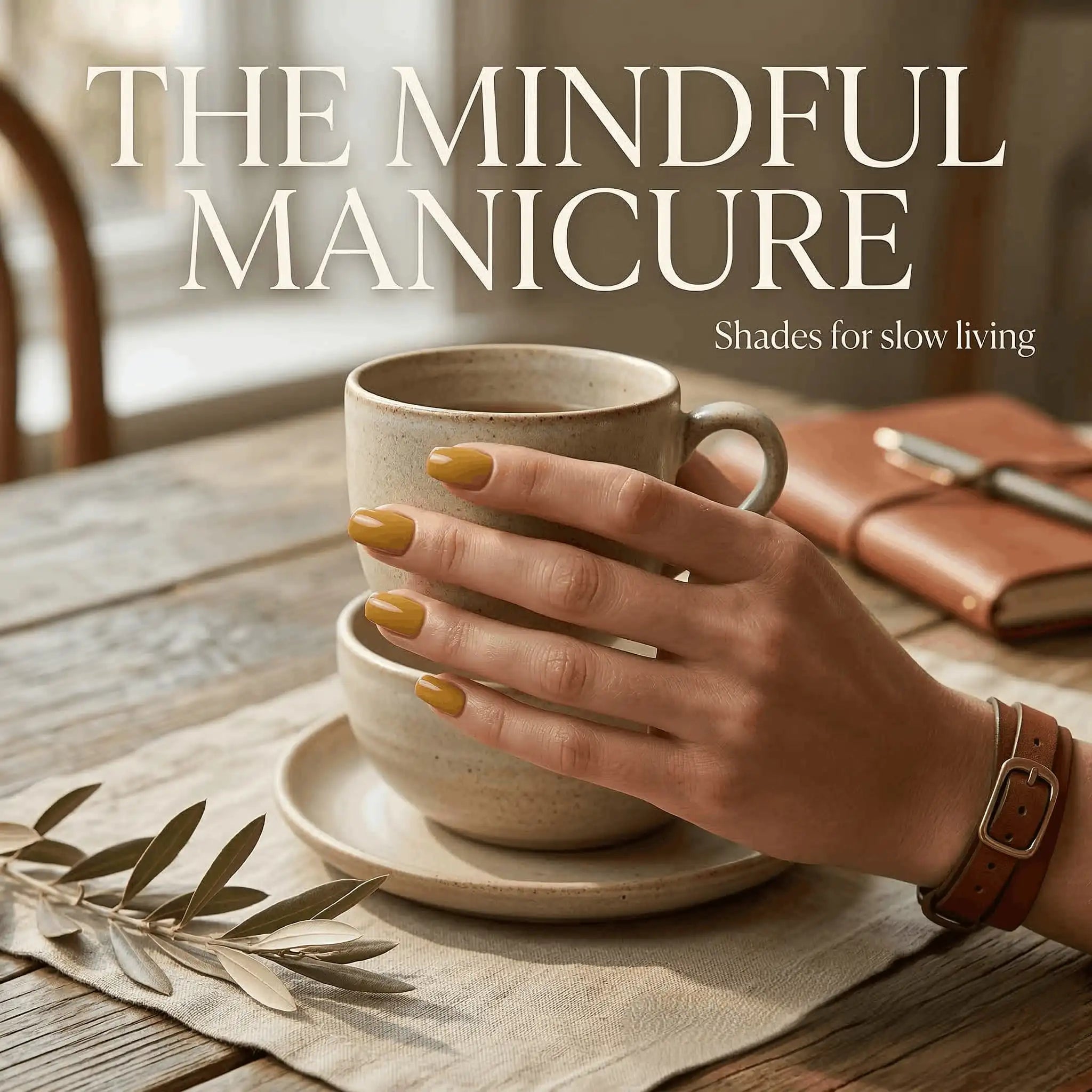Minimalist lifestyle photography featuring a hand model with square nails in S&L No. 030 Peas Please solid yellow-brown.