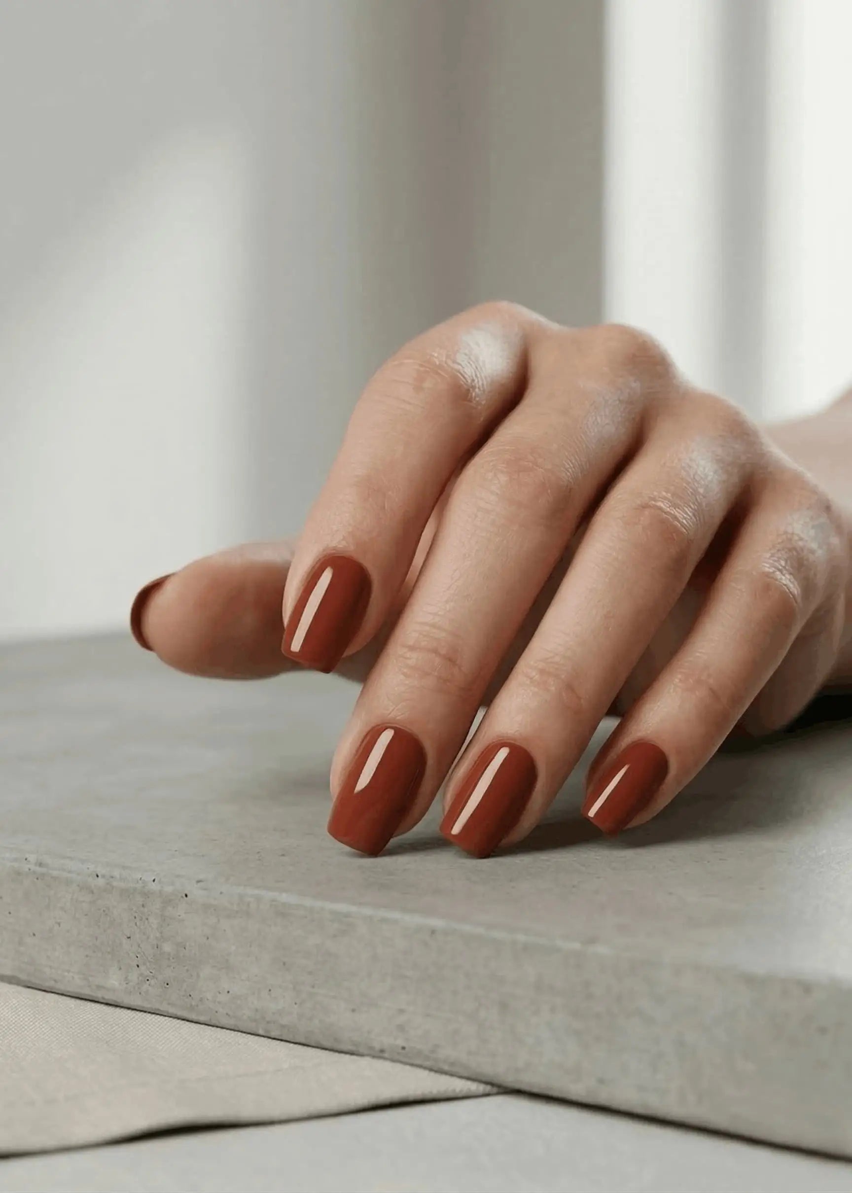 Minimalist lifestyle photography featuring a hand model with square nails in S&L No.064 Martian Brown solid brown.