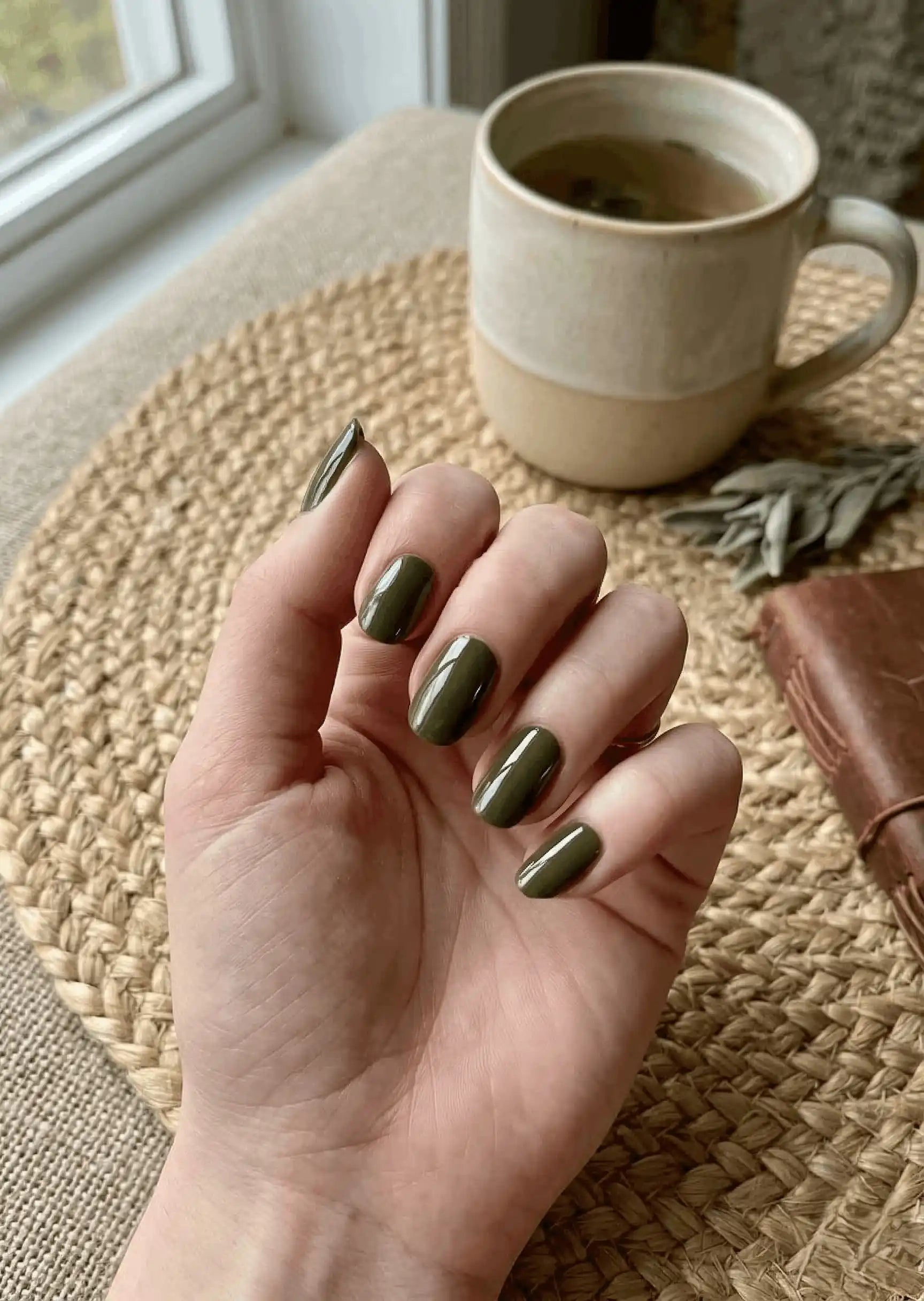 Minimalist lifestyle photography featuring a hand model with square nails in S&L No. 070 Clover Mischief solid green.