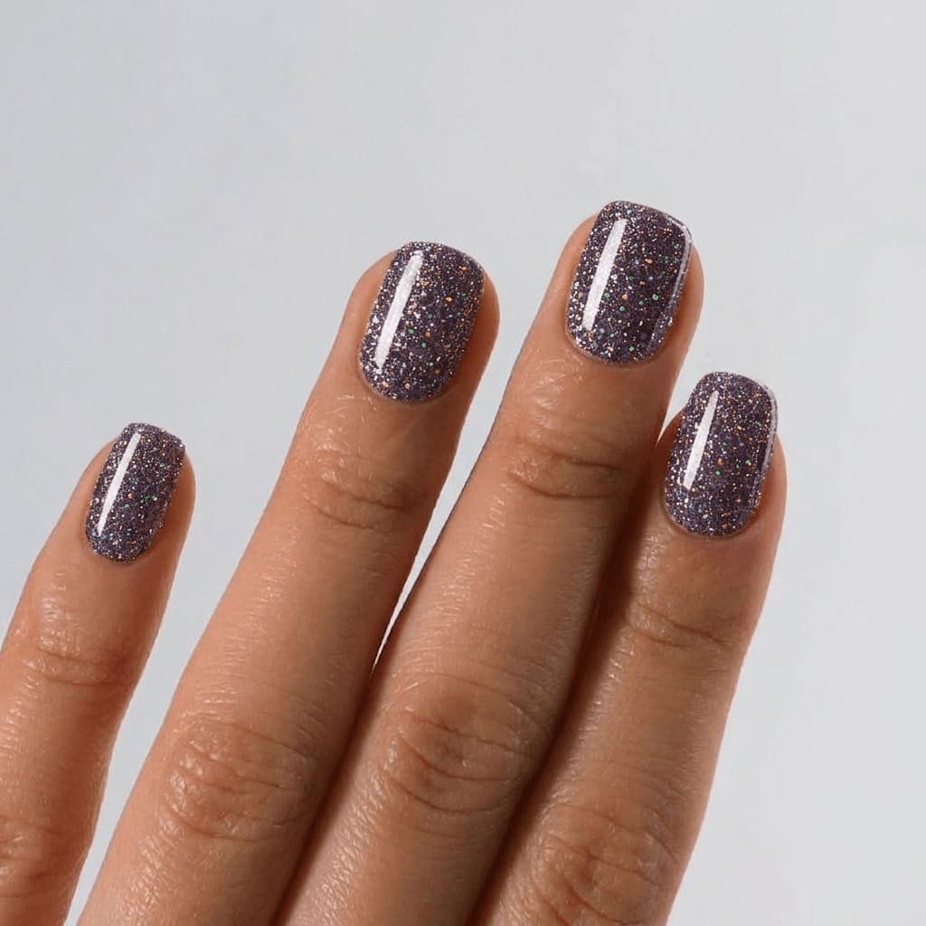 Hand with S&L glittery purple nail polish on a plain background
