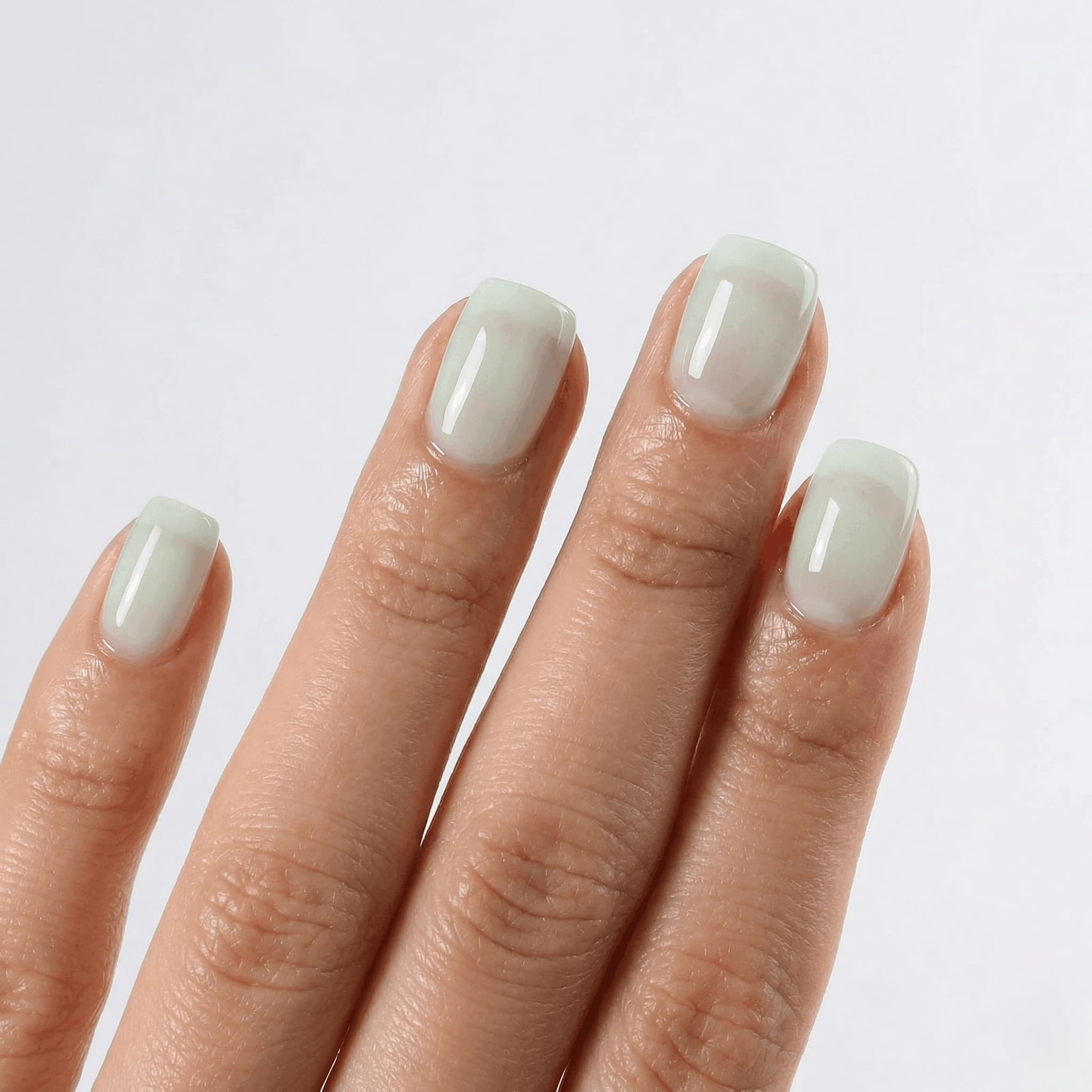 Hand with S&L Sheer light blue - Jelly finish nail polish on a white background