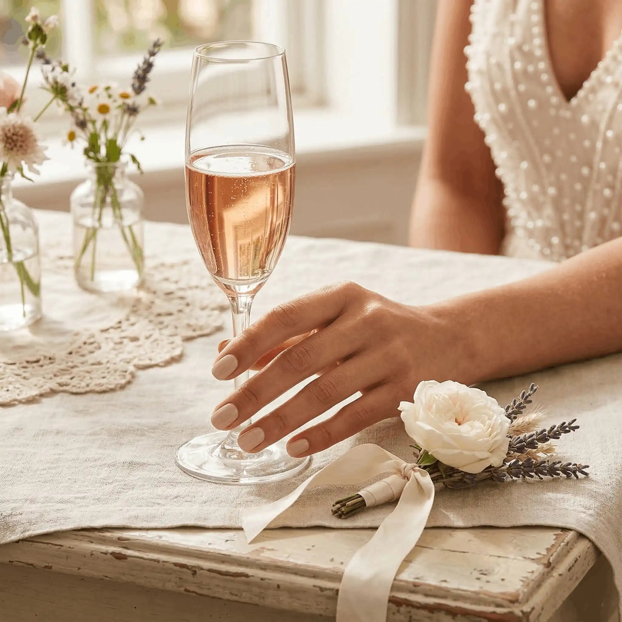 Minimalist lifestyle photography featuring a hand model with square nails in S&L No. 032 Camel Tan solid beige.