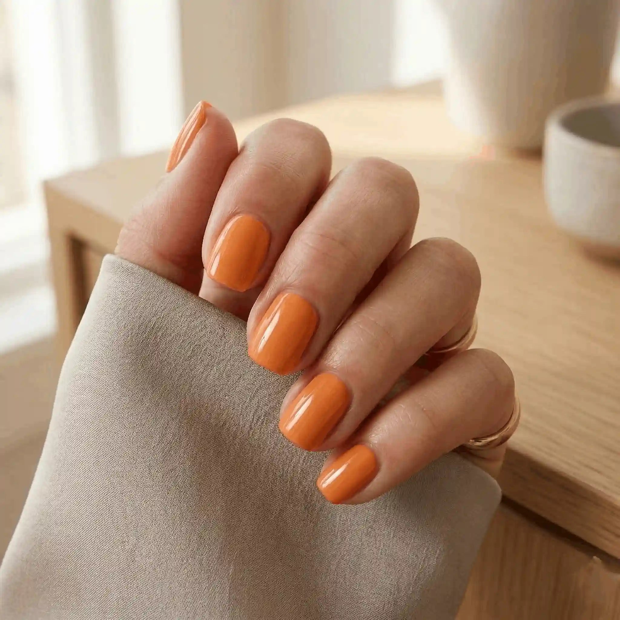 Minimalist lifestyle photography featuring a hand model with square nails in S&L No. 049 Bouncing Tiger Tail solid orange.