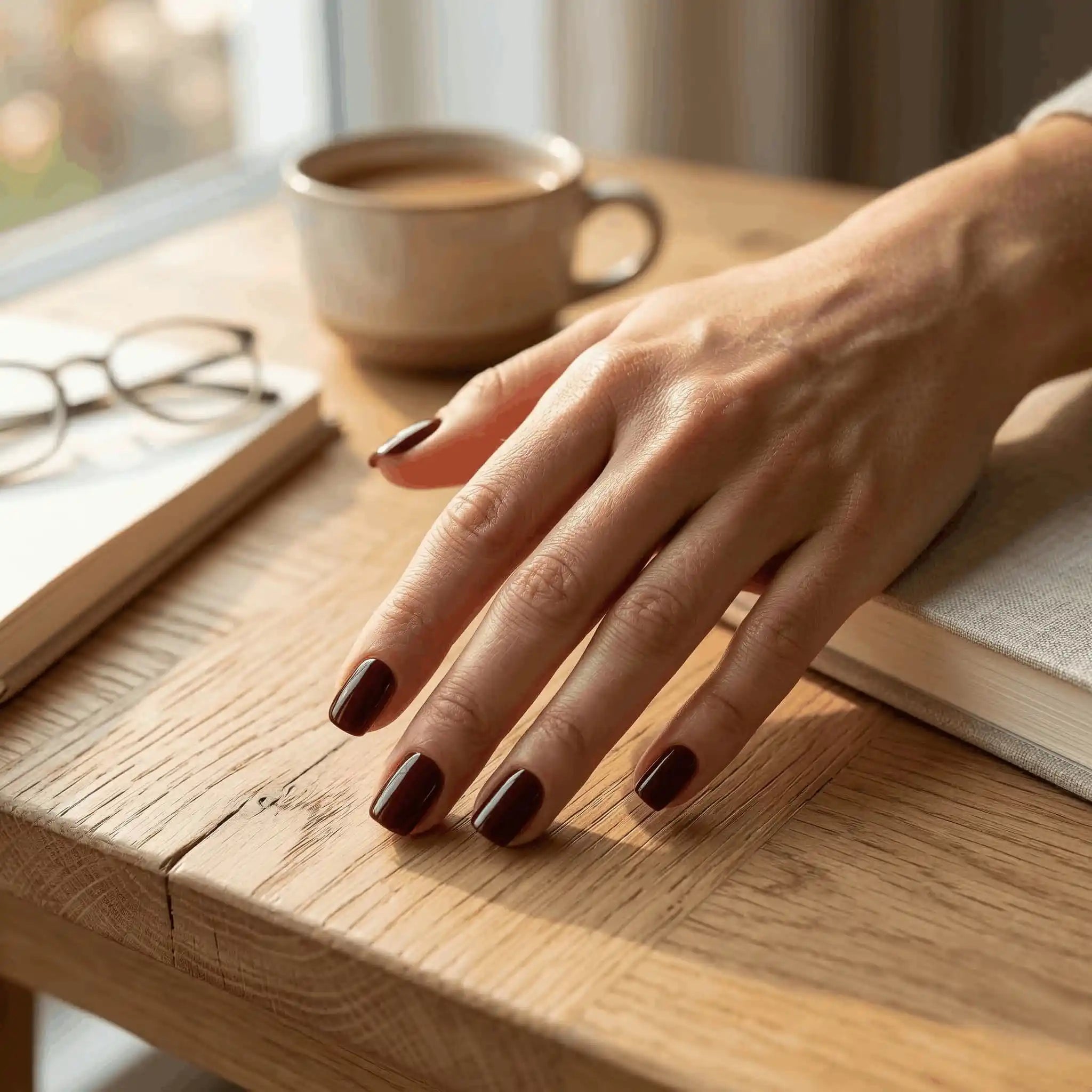 Minimalist lifestyle photography featuring a hand model with square nails in S&L No. 051 Bordeaux solid brown.