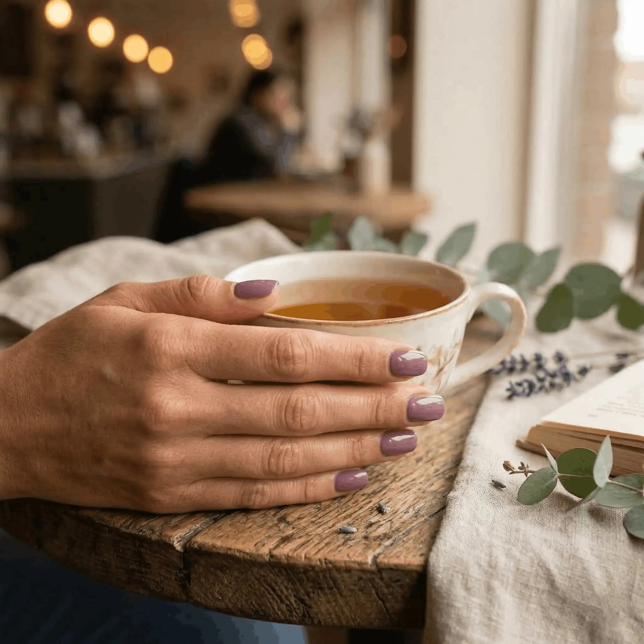 Minimalist lifestyle photography featuring a hand model with square nails in S&L No. 021 Turkish Rose solid muted pink polish.