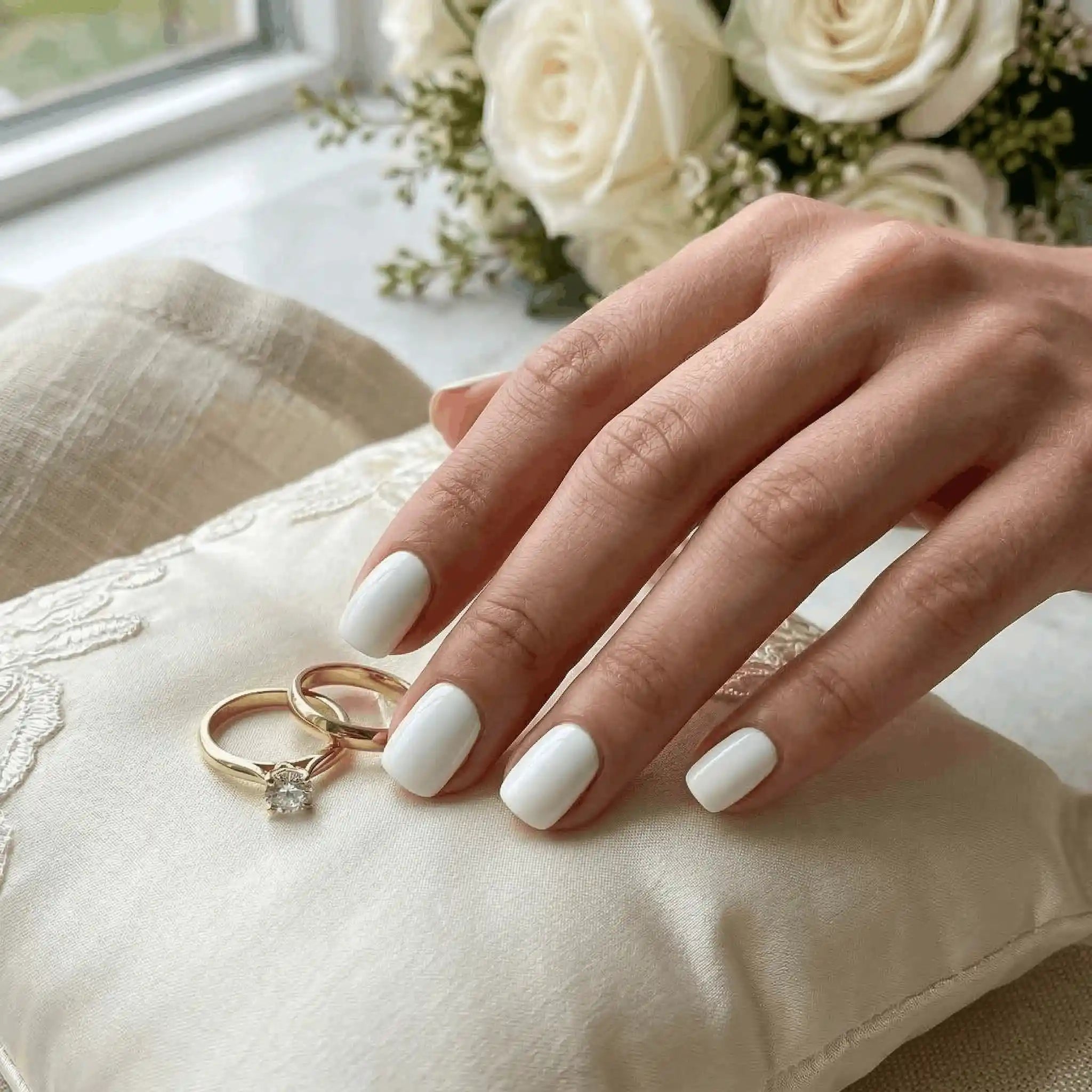 Minimalist lifestyle photography featuring a hand model with square nails in S&L No. 026 Ultra White solid white.