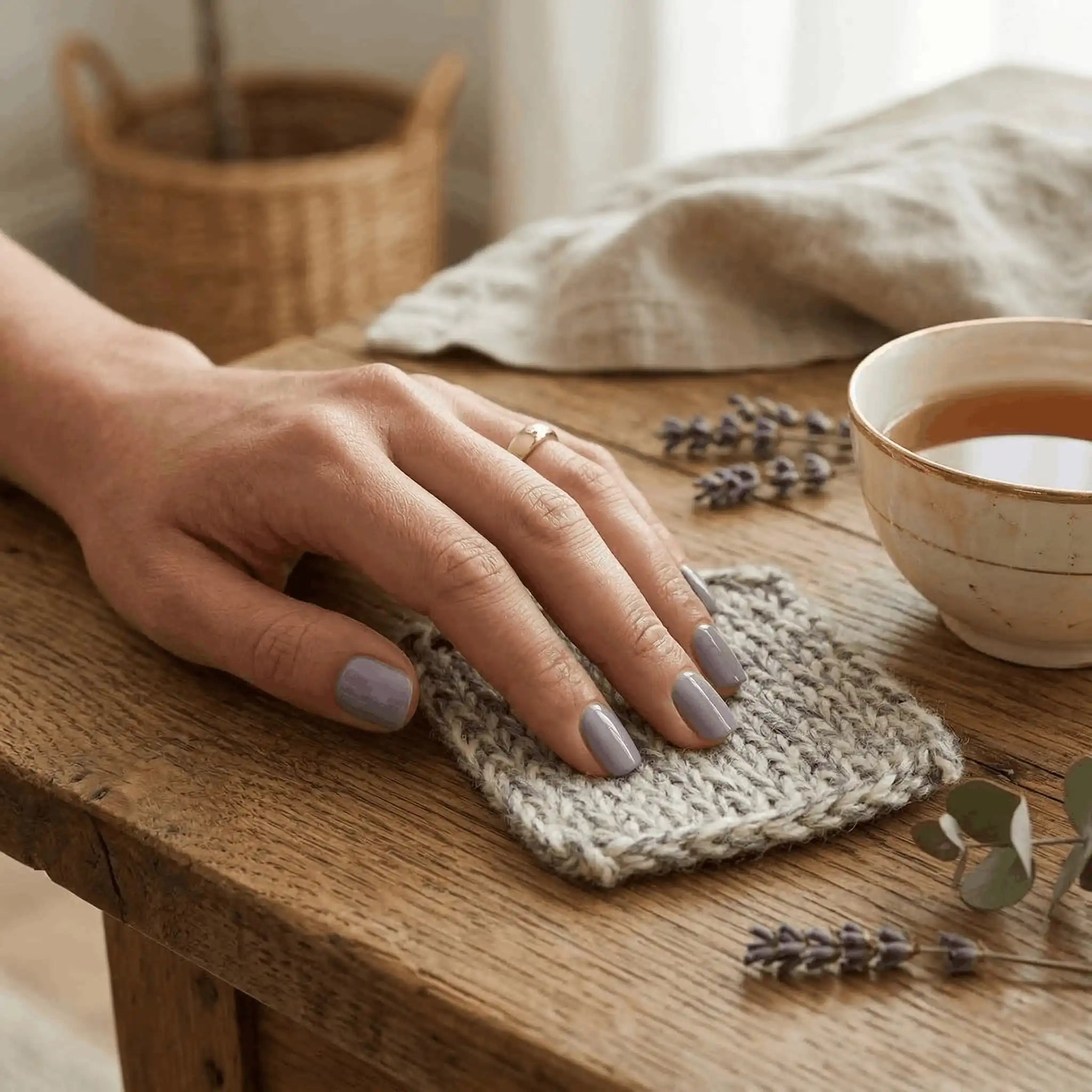 Minimalist lifestyle photography featuring a hand model with square nails in S&L No. 027 London Fog solid grey.