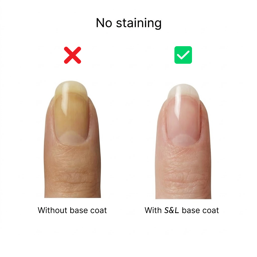 A comparison graphic showing two fingernails on a white background. The left nail has a yellowed, stained appearance with a red X above it and the caption 'Without base coat.' The right nail is clean, healthy, and naturally pink with a green checkmark above it and the caption 'With S&L base coat,' demonstrating how S&L gel base coat prevents dark polish from staining the natural nail.