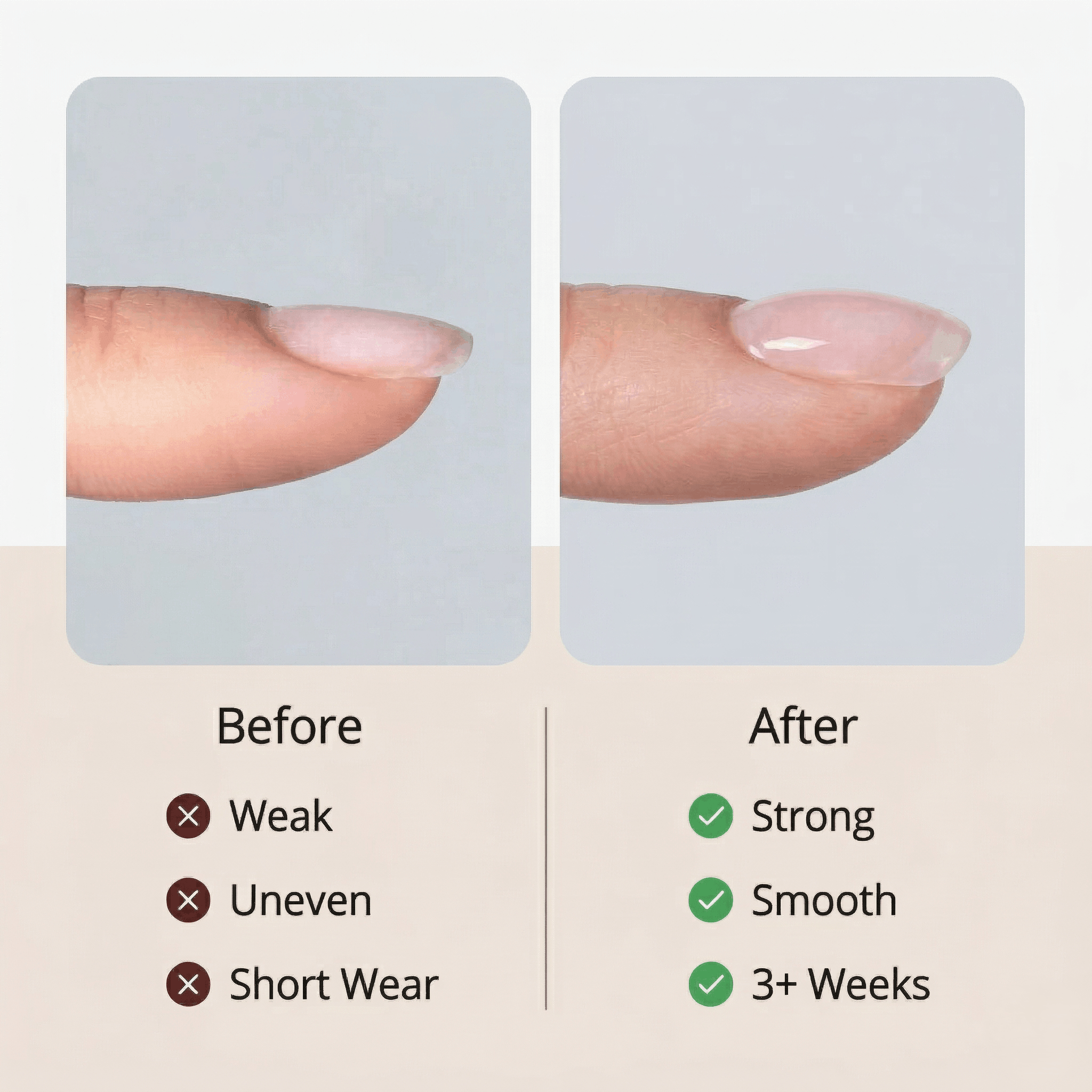 Before and after comparison of nail strength, smoothness, and wear duration with text labels.