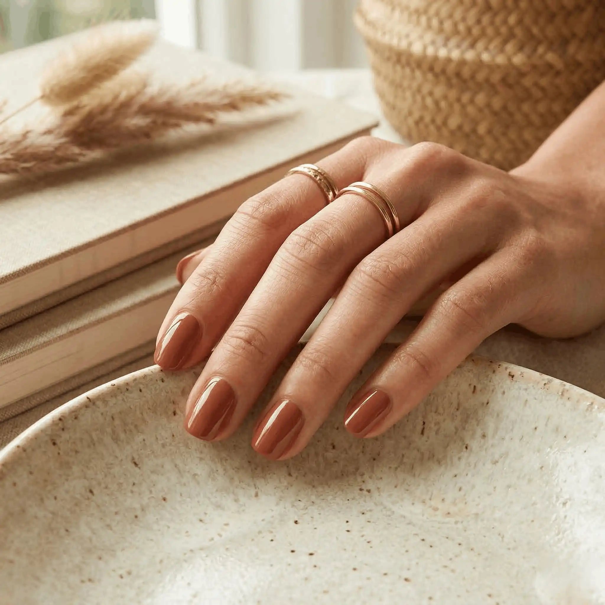 Minimalist lifestyle photography featuring a hand model with square nails in S&L No. 058 Quick Brown Fox solid brown.