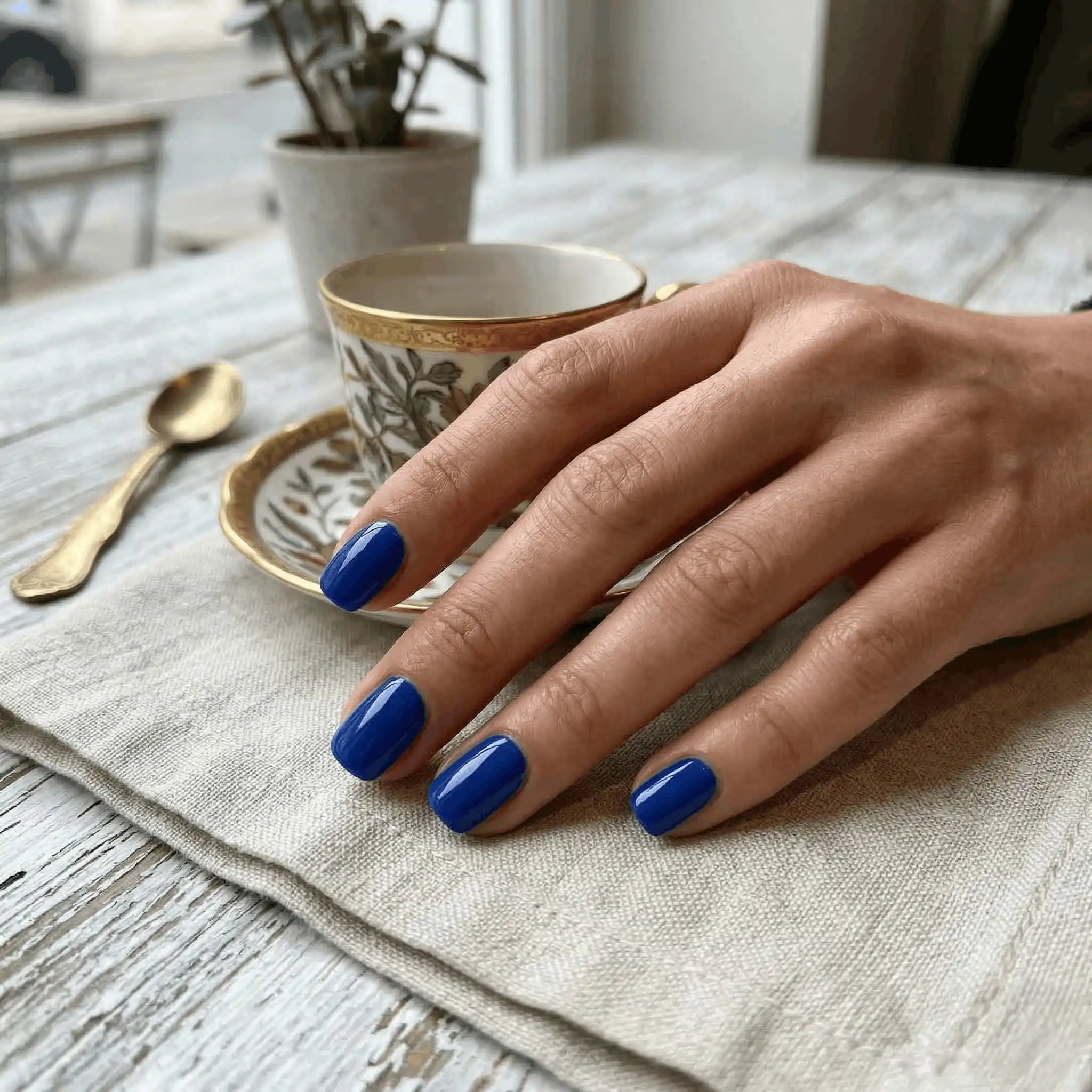 Minimalist lifestyle photography featuring a hand model with square nails in S&L No. 061 Dear Neptune solid blue.
