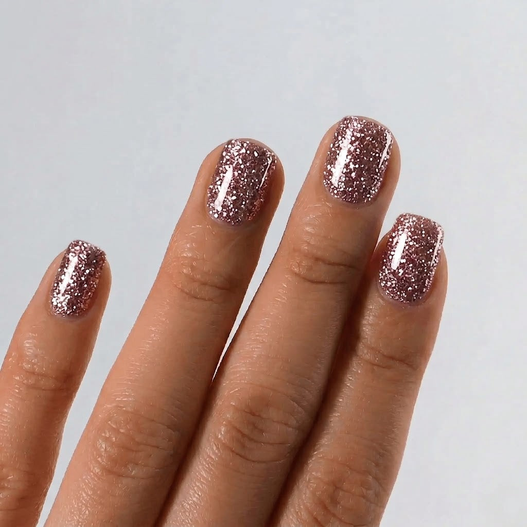 **Alt Text:**

A close-up view of a hand displaying a glossy manicure painted with S&L No. 094 Rose Gold gel nail polish. The short, square-rounded nails feature dense, sparkling pink and silver glitter against a light background.