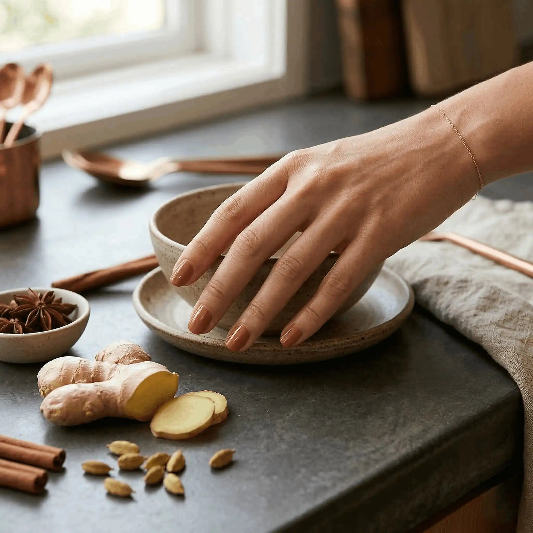Minimalist lifestyle photography featuring a hand model with square nails in S&L No. 057 Ginger Spice solid brown.