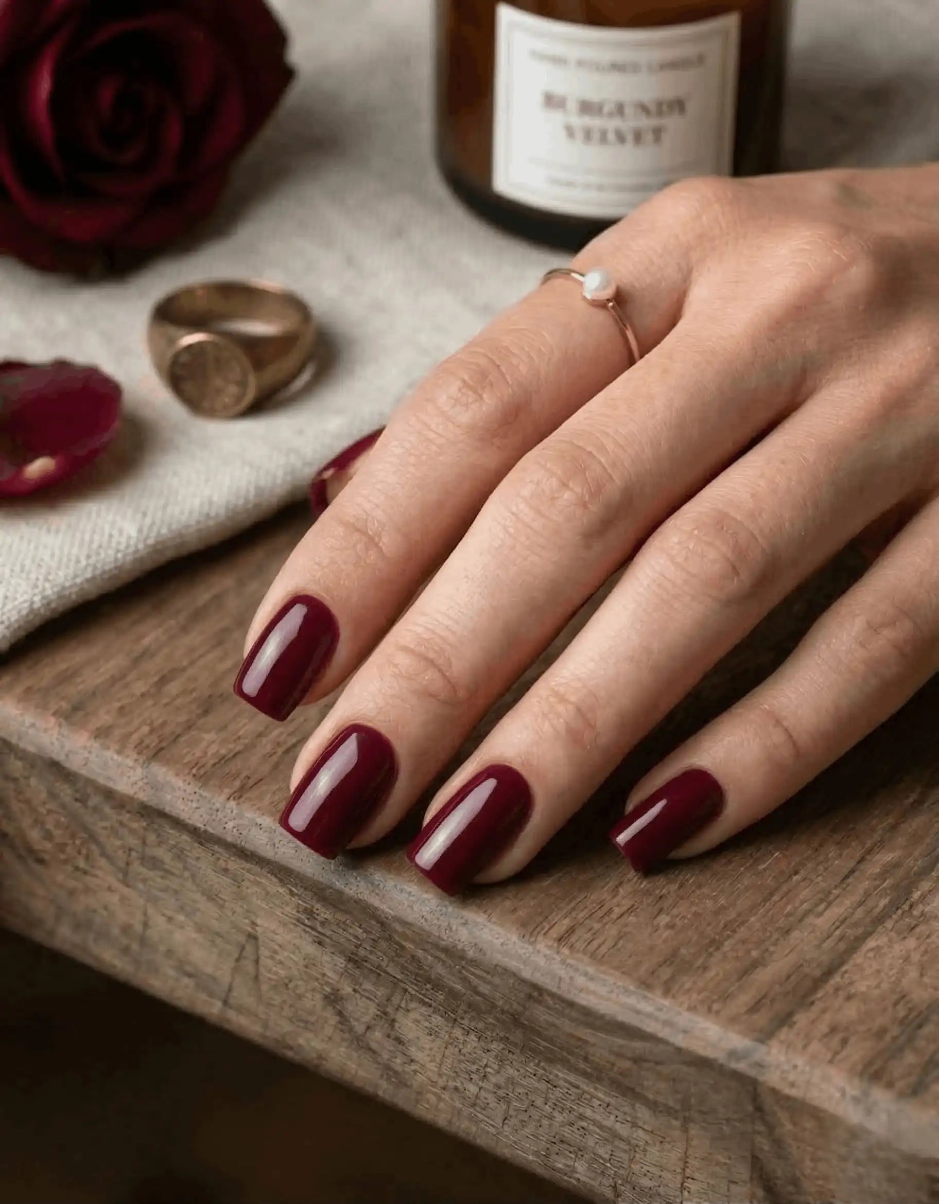 Minimalist lifestyle photography featuring a hand model with square nails in No. 068 Roman Empress solid burgundy red.