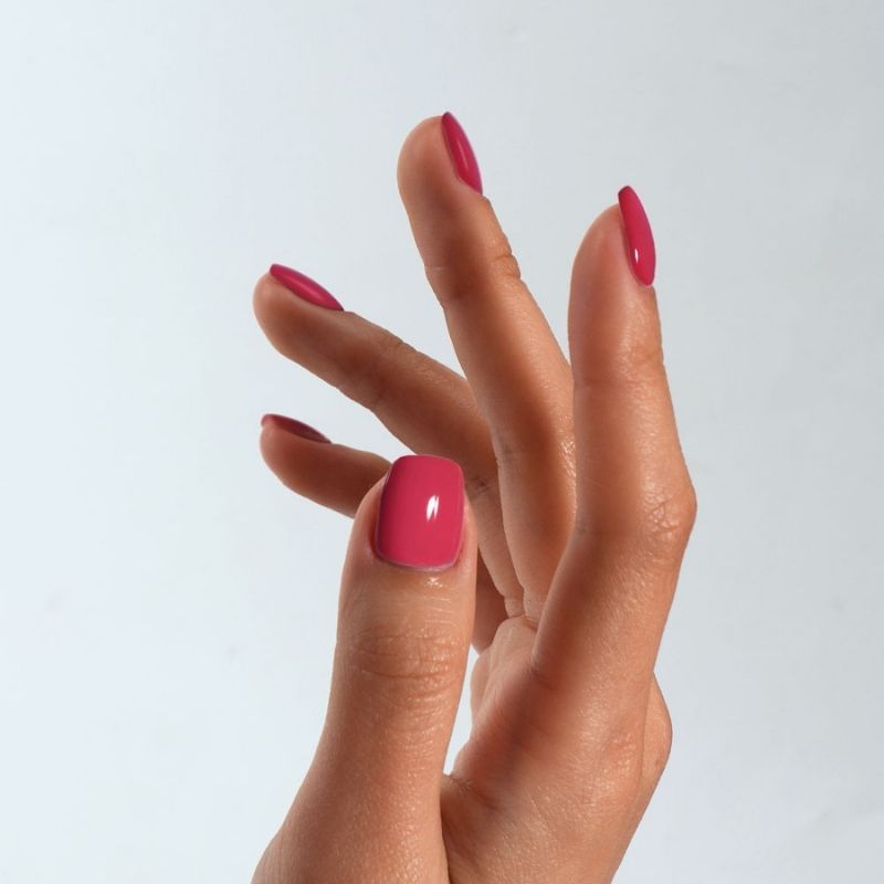 Close-up of a professional square-shaped manicure using S&L Gel Polish No. 023 Spring Poppy solid baby pink polish.