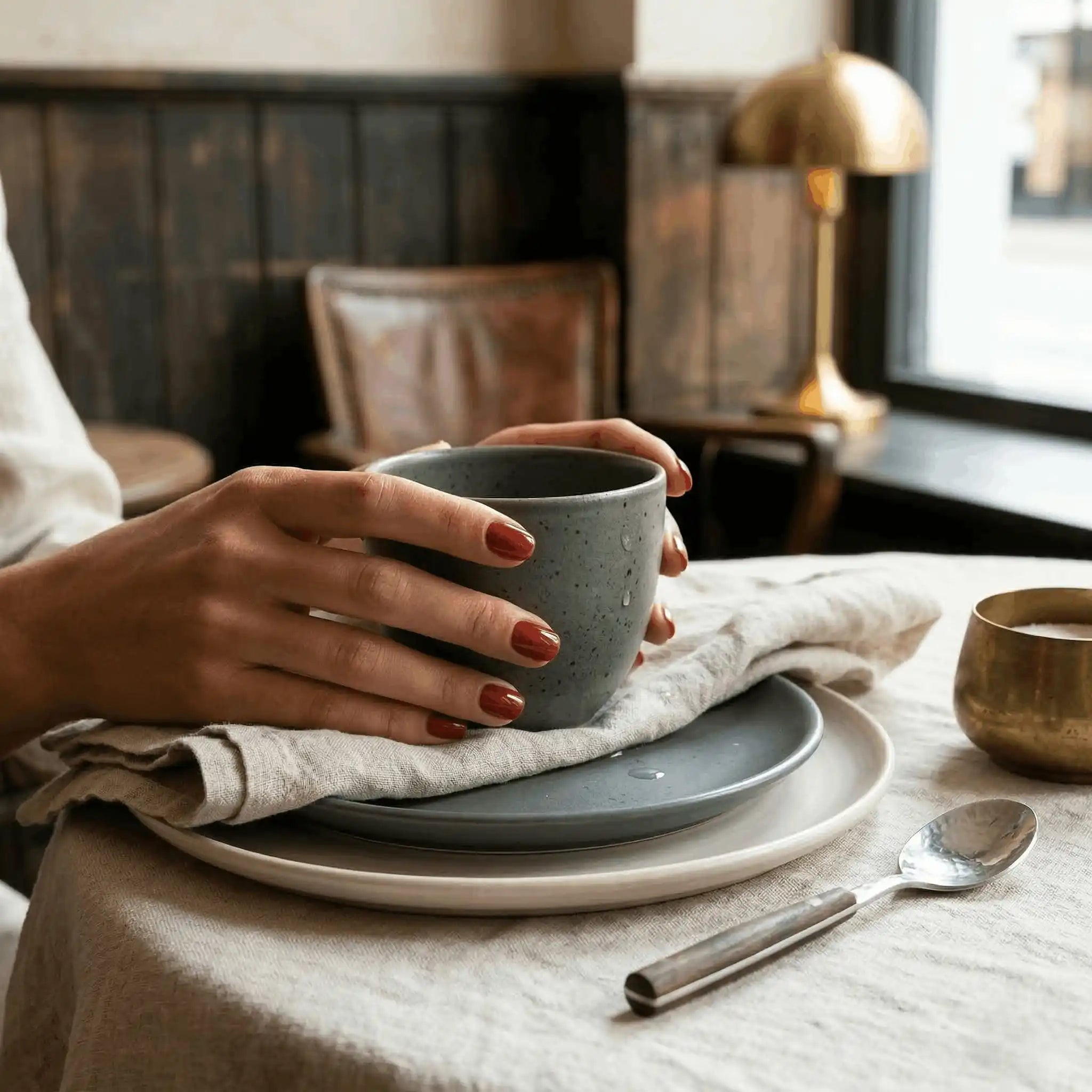 Minimalist lifestyle photography featuring a hand model with square nails in S&L No. 052 Amaretto solid earthy brown.