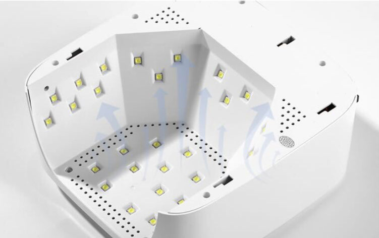 Underview of S&L UV LED nail lamp with smart infrared sensor and evenly distributed heat dissipation vents for efficient curing and extended lamp life
