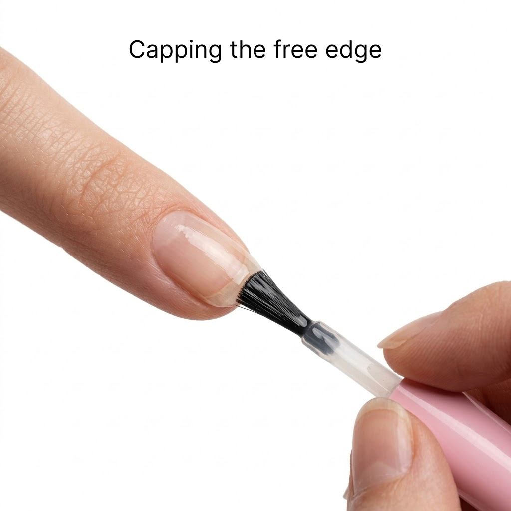 A close-up of a person's finger with a clear nail tip being capped / swiping edge of nail with a brush from finger holding a nail bottle cap, with the text 'Capping the free edge' at the top on a white background.
