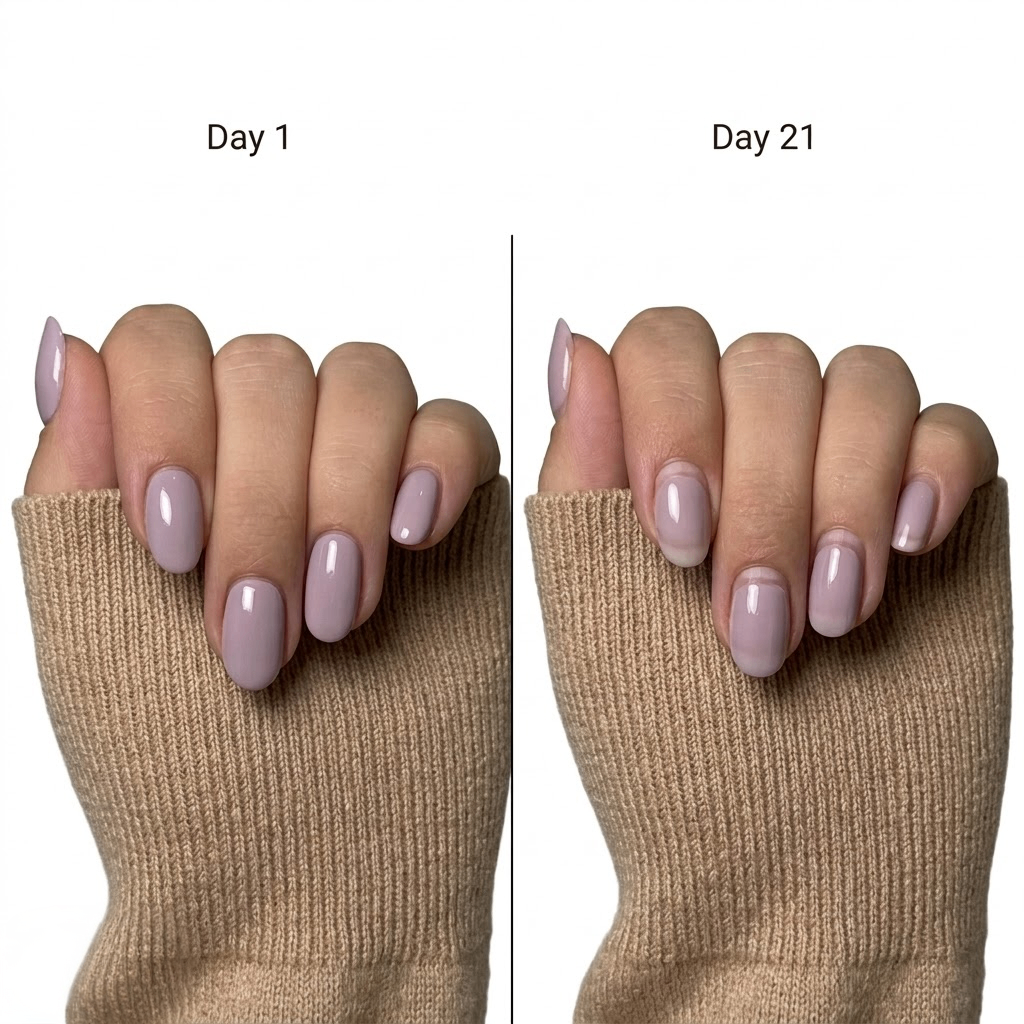 A split-screen comparison showing a hand wearing a beige knit sleeve against a white background, labeled 'Day 1' on the left and 'Day 21' on the right, showing full polish coverage with no chipping or lifting at the cuticle or nail tip after three weeks of wear with S&L gel base coat. The nails are painted a soft mauve-lilac shade
