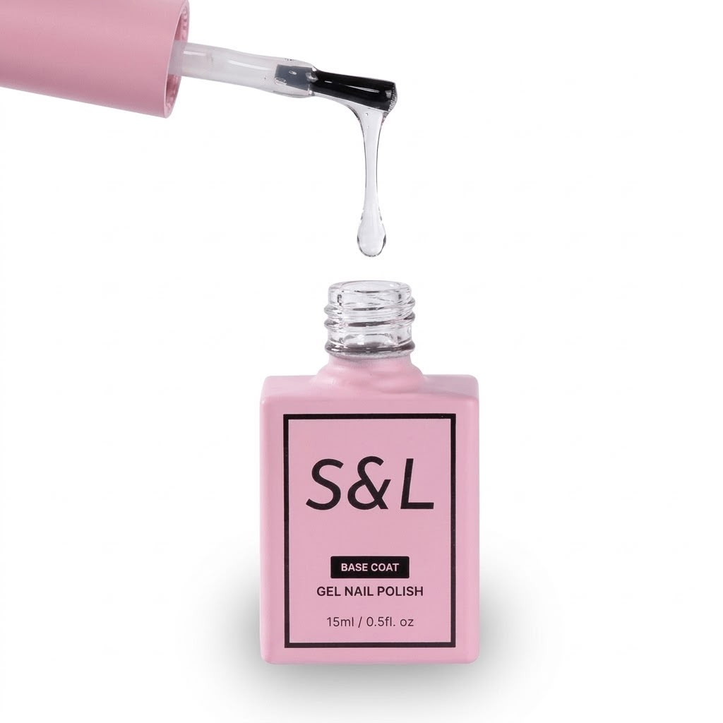 A bottle of S&L Gel Base Coat in light pink, with the applicator brush lifted out and a clear drop of polish dripping above the open bottle, on a white background.
