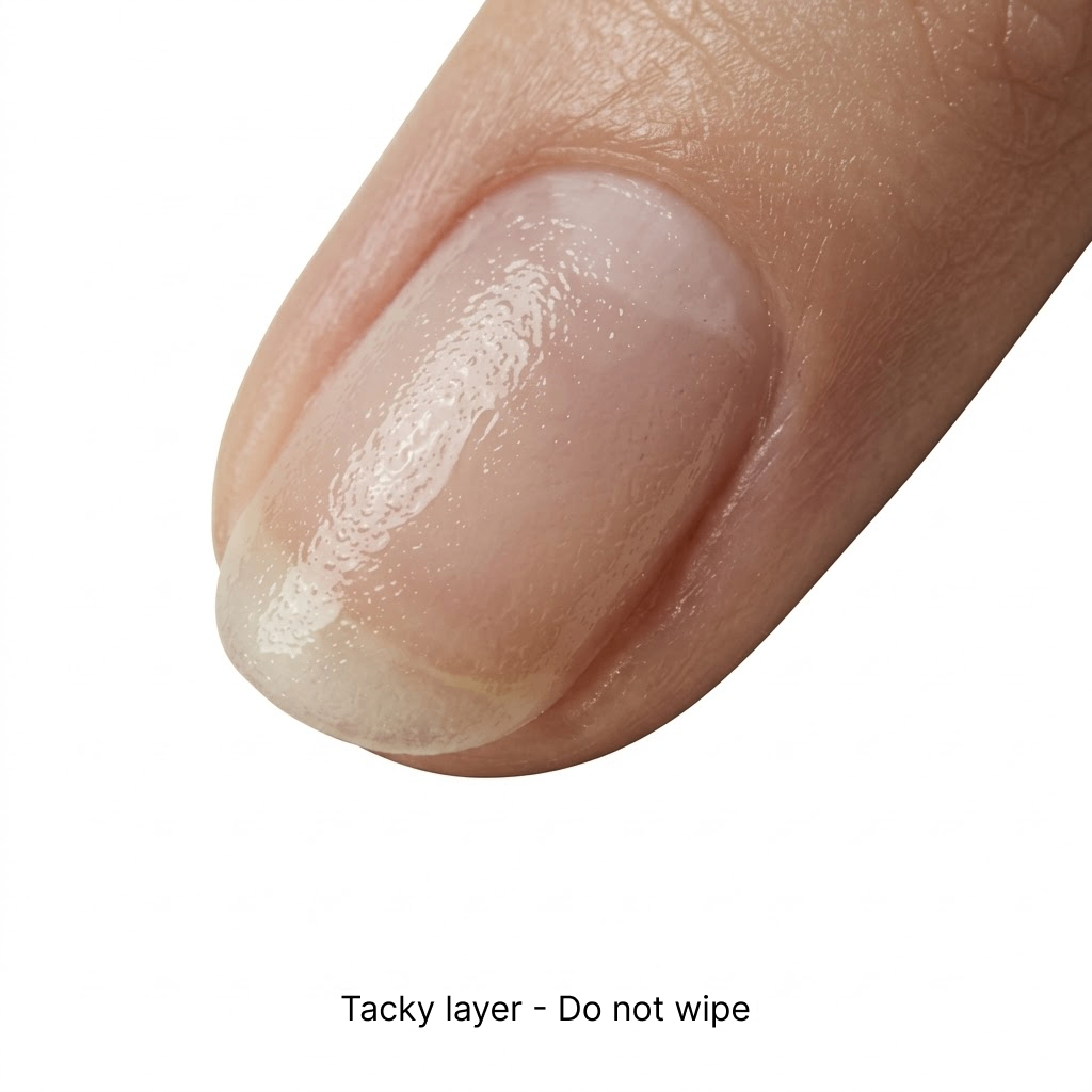 Close-up macro photo of a fingernail showing the natural translucent nail bed and nail tip that has a naturally tacky, slightly streaky wet sheen after curing the gel base coat, with the text 'Tacky layer - Do not wipe' below on a white background.
