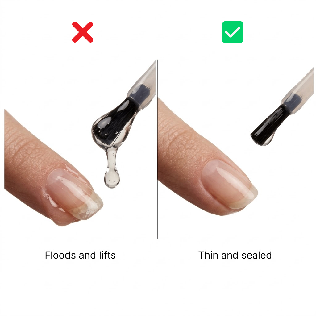 A split comparison graphic showing gel base coat application on a fingernail. The left side has a red X mark above a nail being flooded and lifted with excess clear polish dripping off. The right side has a green checkmark above a nail with a thin, evenly sealed layer of base coat and no polish touching the cuticle. Captions read 'Floods and lifts' and 'Thin and sealed,' illustrating the correct amount of S&L gel base coat to apply for a long-lasting, lift-free manicure.