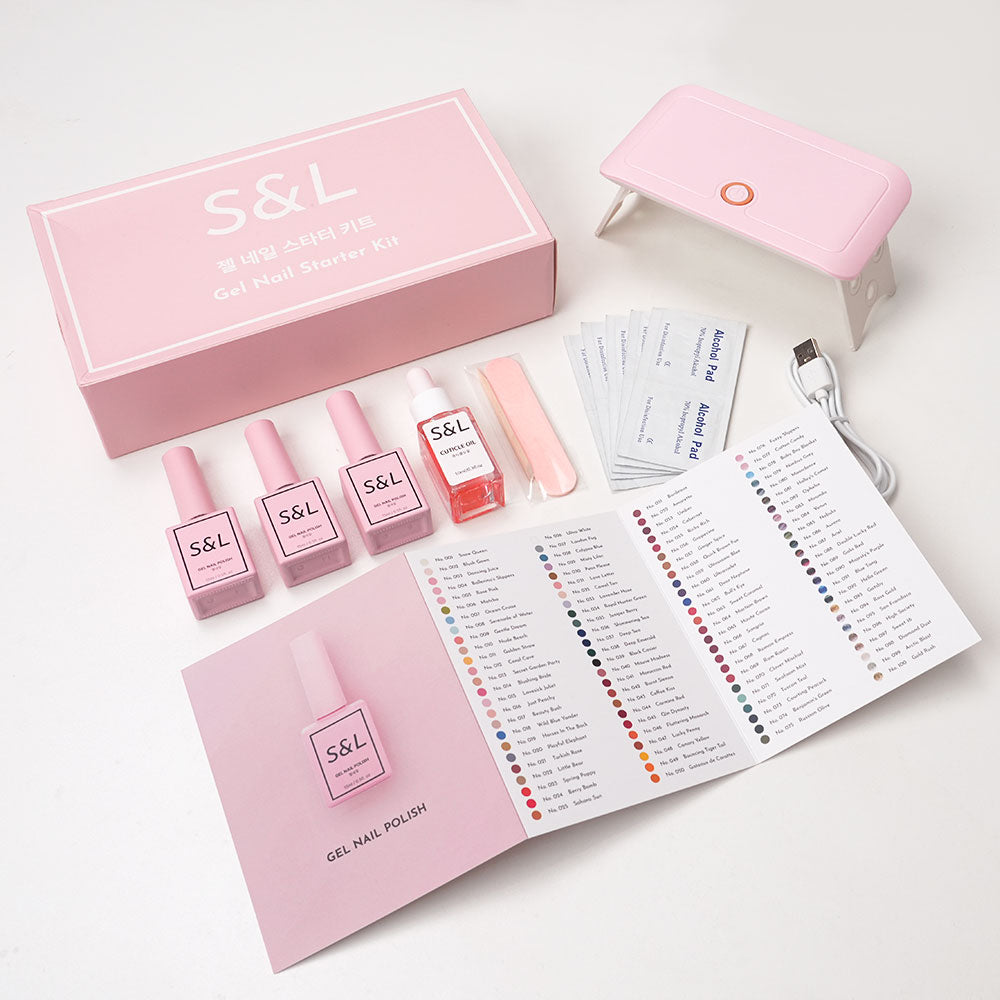 S&L pink gel nail starter kit with LED lamp, polish bottles, cuticle oil, nail tools, remover pads, and color chart for at-home manicures